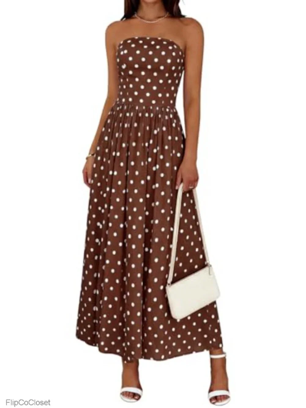 Strapless Maxi Dress Polkadot Summer Tube Sleeveless A-Line Flowy with Pockets